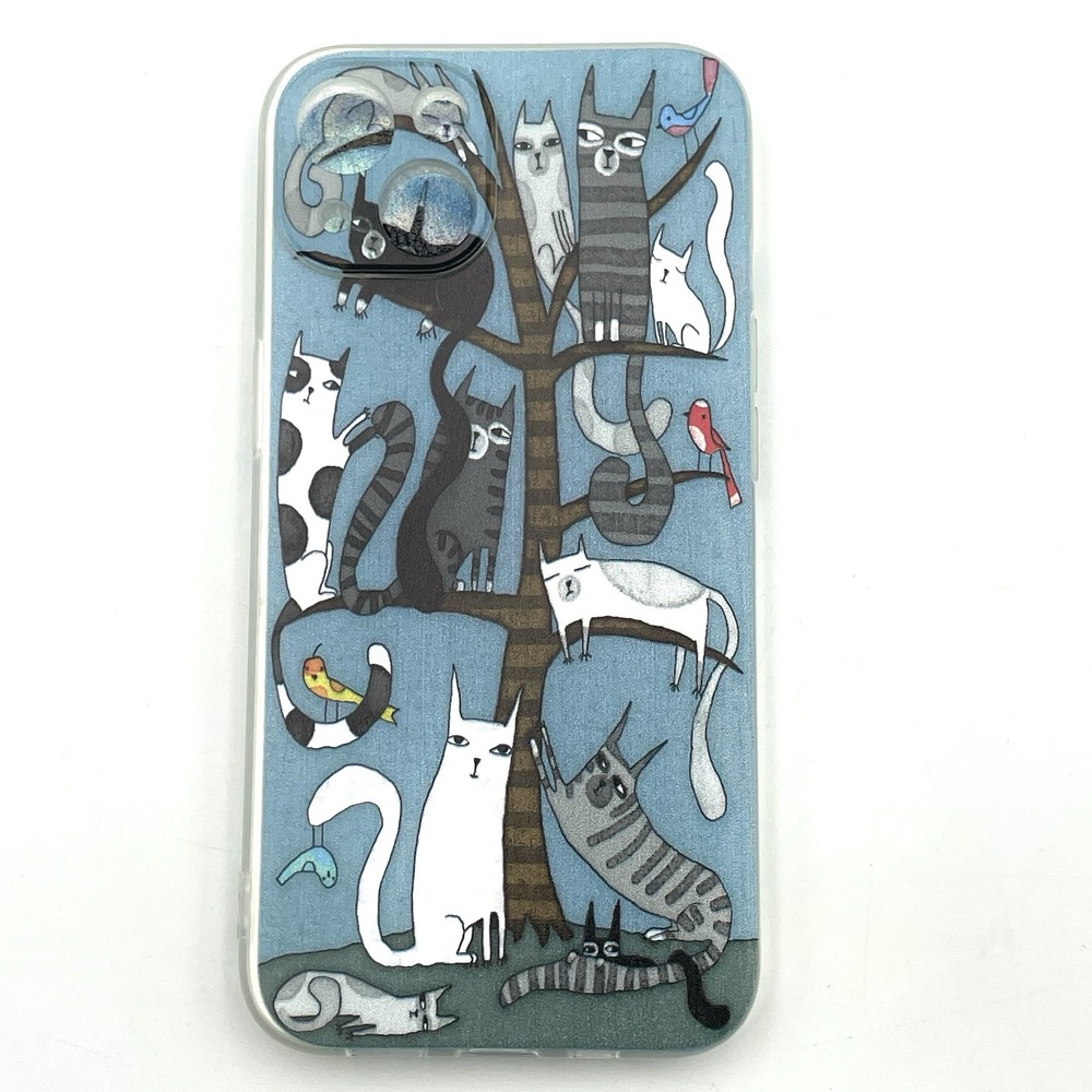 New iPhone 13‎ Cat Tree Phone Case Whimsical Cats Birds Blue Clear Edge
